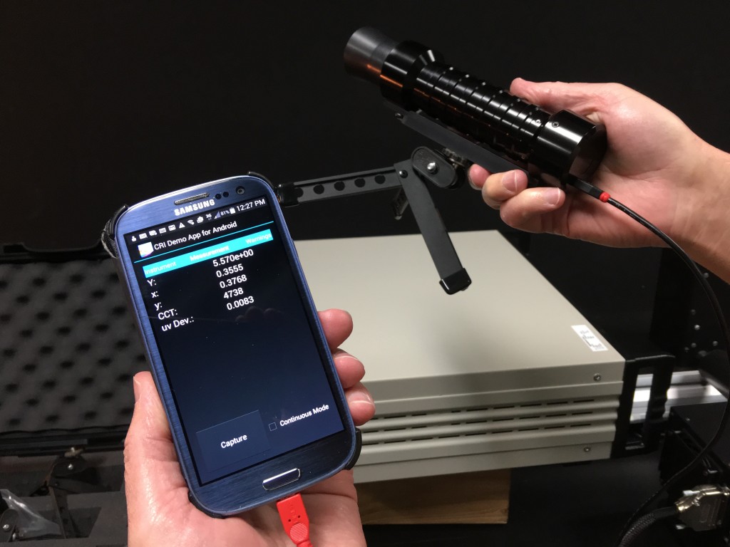 The CR-250 shown connected to an Android phone running portable measurement software.